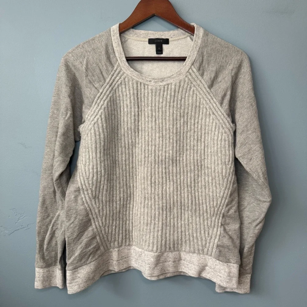 J.Crew Ribbed Wool Front Mixed Media Sweatshirt Pullover Gray Small